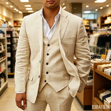 Load image into Gallery viewer, Notched Lapel Custom Casual 3 piece Beige Linen Suit