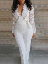 Load image into Gallery viewer, Woman Lace Stitching Long Sleeve V-neck Wide Leg Pants With Belt Lady Jumpsuit