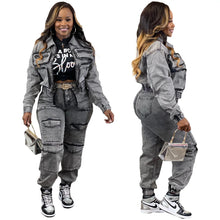 Cargar imagen en el visor de la galería, Conjunto de pantalón y chándal de manga larga para mujer, con cremallera, abrigo vaquero, pantalones cargo hasta el tobillo, bolsillos, corte ajustado, 2024