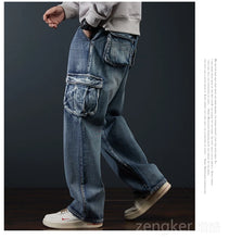 Load image into Gallery viewer, Multi-pocket denim loose cargo men wide leg jeans