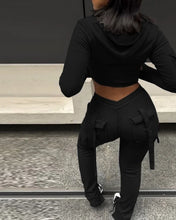 Lade das Bild in den Galerie-Viewer, Zipper Design with Exposed Navel Hooded Sweatshirt and Drawstring V-Shaped Waistline Work Pants, Sports Pants Long Pants Set