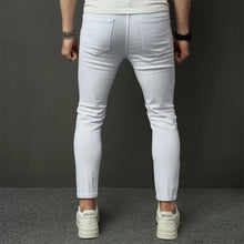 Cargar imagen en el visor de la galería, Pantalones vaqueros ajustados elásticos de estilo sencillo para hombre, pantalones vaqueros ajustados con agujeros, desgastados y lisos