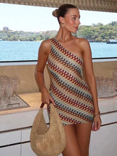 Load image into Gallery viewer, Irregular Printed Knitted Mini Dress For Women Chic Backless Slanted Shoulder Slim Fit Dresses Summer Holiday Beach Robes
