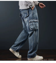 Load image into Gallery viewer, Multi-pocket denim loose cargo men wide leg jeans