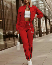 Lade das Bild in den Galerie-Viewer, Zipper Crop Jacket Pencil Pants Two Piece Set