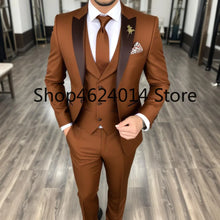 Load image into Gallery viewer, Men's Brown 3 Piece Suit Slim fit One Button Wedding Tuxedo Jacket 3pc Suit