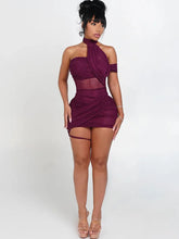Lade das Bild in den Galerie-Viewer, Kliou Mesh Cross Women Soild Slash Neck Sleeveless Mini Dress