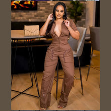 Load image into Gallery viewer, Front Zipper Turn-Down Collar Cargo Jumpsuit