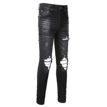 Lade das Bild in den Galerie-Viewer, Men's Cracked White Pleated Patch Biker Jeans