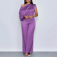 Load image into Gallery viewer, Women Satin Two Piece Set One Shoulder Asymmetrical Single Flared Sleeve Blouse Straight Wide Leg Pants Elegant Matching Set