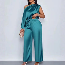 Load image into Gallery viewer, Women Satin Two Piece Set One Shoulder Asymmetrical Single Flared Sleeve Blouse Straight Wide Leg Pants Elegant Matching Set