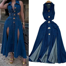 Lade das Bild in den Galerie-Viewer, Denim Long Dress High Waist A Line Vestidos Turn Down Collar