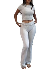 Lade das Bild in den Galerie-Viewer, Casual Workout Short Sleeve Crop High Waist Foldover Flare Pants Sets
