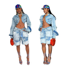 Lade das Bild in den Galerie-Viewer, Shorts Pant Set Women Two Piece Sets Denim Turn Down Collar Matching Sets Tops Knee Length Pants High Waist Y2k Streetwear