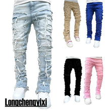 Cargar imagen en el visor de la galería, Pantalones vaqueros elásticos de moda para hombre, con parches Y2K, decoración creativa con borlas, rectos, estilo hip hop