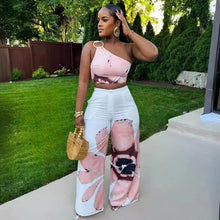Lade das Bild in den Galerie-Viewer, Floral Print One Shoulder Crop Top and Loose Wide Leg Pants