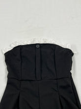 Load image into Gallery viewer, Women Black Strapless White Ruffle Trim Wide Leg Jumpsuit