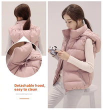 Load image into Gallery viewer, Women's Short Padded Quilted Vest Warm Slimming Detachable Cap Jacket.