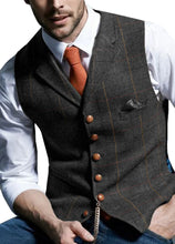 Load image into Gallery viewer, Mens Suit Vest Notched Plaid Wool Herringbone Tweed Waistcoat Casual Formal Business Groomman For Wedding