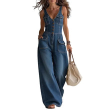 Load image into Gallery viewer, Women Denim V Neck Wide Leg Denim with Pockets Jumpsuit