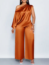 Load image into Gallery viewer, Women Satin Two Piece Set One Shoulder Asymmetrical Single Flared Sleeve Blouse Straight Wide Leg Pants Elegant Matching Set