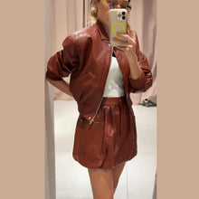 Load image into Gallery viewer, Street Women's Cropped Leather Jacket Skirt Set Stand Collar Zipper Coats Pleated Mini Skirts 2026 Spring Lady Fashion Suit