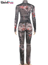 Cargar imagen en el visor de la galería, Conjunto de 2 piezas con estampado estético de gatitos raros para mujer, sexy, transparente, de cuello alto, top corto y pantalones a rayas, elástico, fino, para club.