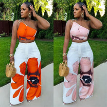 Lade das Bild in den Galerie-Viewer, Floral Print One Shoulder Crop Top and Loose Wide Leg Pants
