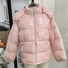 Load image into Gallery viewer, Fashion Shiny Solid Hooded Quilted Jacket Women Stand Collar Long Sleeve Zipper Pocket Street Warm Coat 2026 Winter Lady Outwear