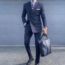 Load image into Gallery viewer, Latest Navy Blue Pinstripe Male Suit Double Breasted Tuxedo for Men Slim Fit 2-Piece Formal Business Men Clothing Costume Homme