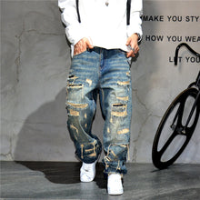 Load image into Gallery viewer, Mens Ripped Baggy Distressed Denim Straight Leg Patchwork Oversized Jeans