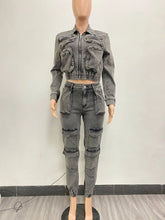 Cargar imagen en el visor de la galería, Conjunto de pantalón y chándal de manga larga para mujer, con cremallera, abrigo vaquero, pantalones cargo hasta el tobillo, bolsillos, corte ajustado, 2024