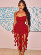 Lade das Bild in den Galerie-Viewer, Hugcitar Elegant Halter Solid Ruffles Backless Taseel Mini Dress