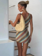 Load image into Gallery viewer, Irregular Printed Knitted Mini Dress For Women Chic Backless Slanted Shoulder Slim Fit Dresses Summer Holiday Beach Robes