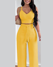 Cargar imagen en el visor de la galería, 2 Piece V-Neck Strap Shirred Slim Crop Top & Lace-up Wide Leg Pants Sets
