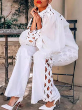 Load image into Gallery viewer, Plus Size Women's Elegant Two-Piece Set Ruffle Shirt White Long Sleeve Solid Blouse And Straight Side Hollow Out Long Pant Sets