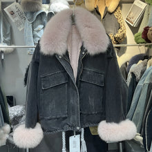 Charger l'image dans la galerie, Fox Fur Denim Fleece-Lined and Batwing Sleeve Cotton Coat