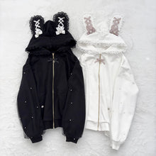Load image into Gallery viewer, Japanese Gothic Style Y2k Lace Bunny Hooded Coat Women Sweet Pearl Gauze Patchwork Jackets Oversized Harajuku Kawaii Zipper Top