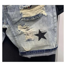 Load image into Gallery viewer, Summer Men's Casual Trendy High Street Hole Patched Denim Shorts Star Printed Knee Length Skinny Jeans Shorts Male Streetwear