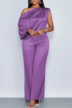 Load image into Gallery viewer, Women Satin Two Piece Set One Shoulder Asymmetrical Single Flared Sleeve Blouse Straight Wide Leg Pants Elegant Matching Set