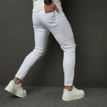 Cargar imagen en el visor de la galería, Pantalones vaqueros ajustados elásticos de estilo sencillo para hombre, pantalones vaqueros ajustados con agujeros, desgastados y lisos