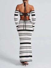Load image into Gallery viewer, hirigin Knit Stripe Women 2 Piece Set Halter Slash Neck Lace Up Long Sleeve Tops and Maxi Skirts Sexy Mujer Club Midnight Suit