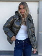 Load image into Gallery viewer, Fashion Shiny Solid Hooded Quilted Jacket Women Stand Collar Long Sleeve Zipper Pocket Street Warm Coat 2026 Winter Lady Outwear