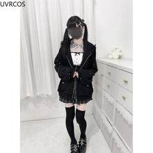 Load image into Gallery viewer, Japanese Gothic Style Y2k Lace Bunny Hooded Coat Women Sweet Pearl Gauze Patchwork Jackets Oversized Harajuku Kawaii Zipper Top