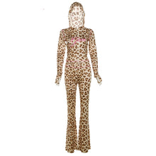 Lade das Bild in den Galerie-Viewer, Weird Puss Leopard Contrast Letter Print 2 Piece Set Women Hooded Full Sleeve Crop Jacket+Skinny Stretch Flare Pants Trend Suits