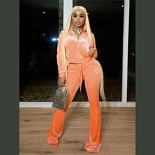 Load image into Gallery viewer, Kliou Solid Velour Two Piece Set Women Simple Casual Zipper Long Sleeve Turtleneck Top+Bandage Lace Slim Female Wide Leg Pants