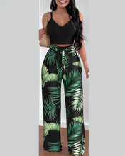 Cargar imagen en el visor de la galería, 2 Piece V-Neck Strap Shirred Slim Crop Top & Lace-up Wide Leg Pants Sets