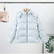 Load image into Gallery viewer, Fashion Shiny Solid Hooded Quilted Jacket Women Stand Collar Long Sleeve Zipper Pocket Street Warm Coat 2026 Winter Lady Outwear