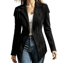 Load image into Gallery viewer, Women Faux Suede Fringe Slim Fit Turn Down Collar Long Sleeve Jacket