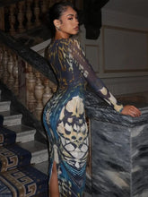 Lade das Bild in den Galerie-Viewer, Weird Puss Sexy See Through Butterfly Print Metal Ring Hollow Full Sleeve Dress